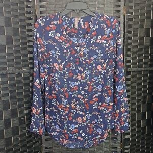 Brina & Em Long Sleeve Floral Blue V Neck  Women's Top SZ XS